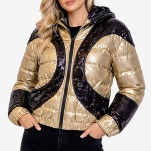 Custo Barcelona Metallic Gold & Black Sequin Hooded Puffer Jacket Size 6 NWT